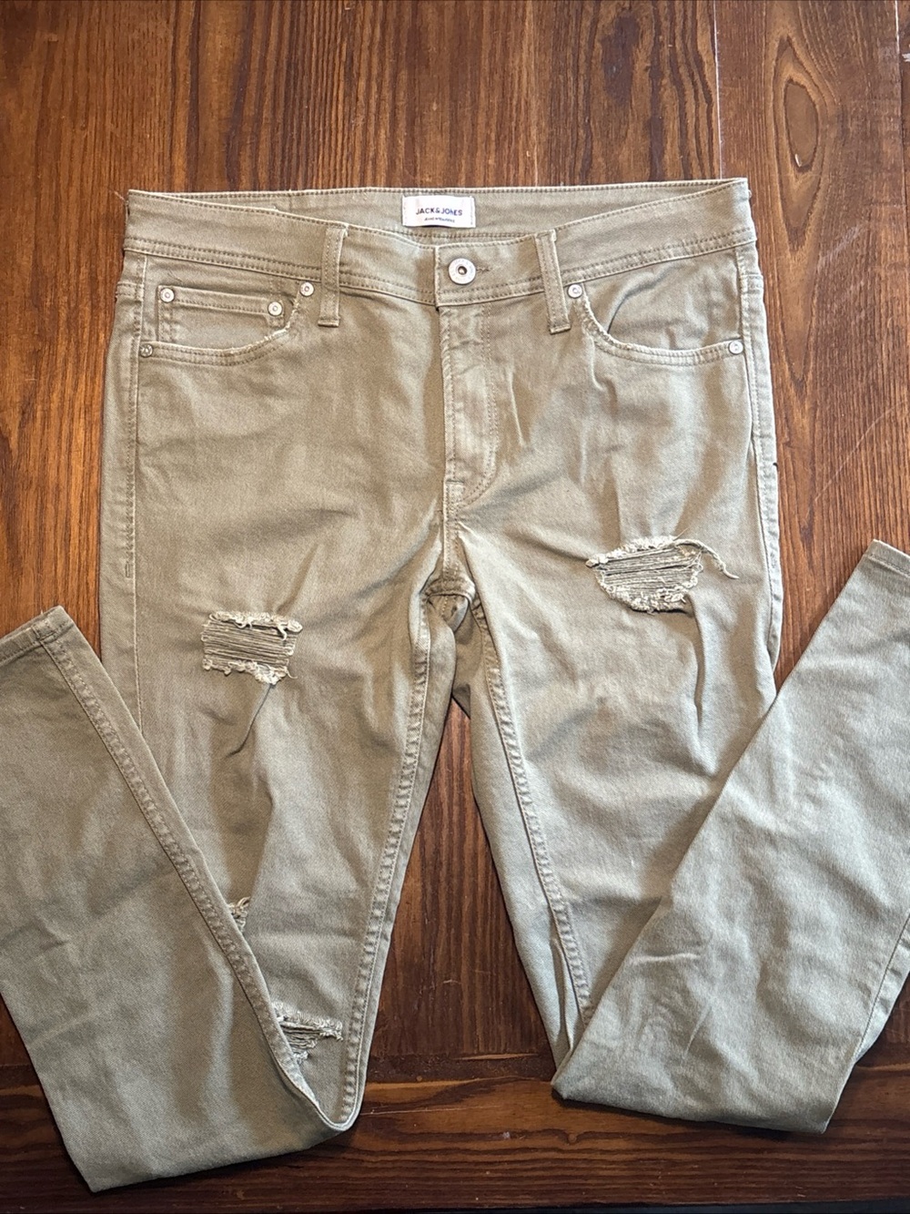 🔥 Jack & Jones Liam Skinny Jeans Men’s 32 Khaki Distressed Ripped Denim EUC
